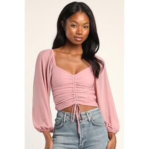 Lulus Completely Charmed Mauve Pink Ruched Long Sleeve Crop Top - Size S